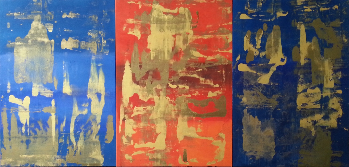 Red-Blue Landscape, triptych, 2020-2021, acrylic on canvas, 145x300cm, photo: Jan Slavík